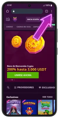 Menú desplegable de Chrome abierto en Android sobre la página de Malina Casino con una flecha rosa señalando la opción Add to Home screen entre opciones como Bookmarks, Downloads y Settings