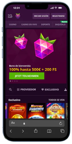 Pantalla de inicio Malina Casino con bono 100% hasta 500 € y 200 giros gratis