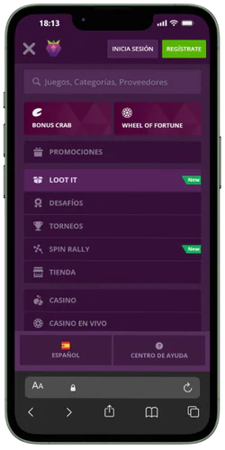 Menú lateral Malina Casino con Jackpots, Deportes y métodos de pago