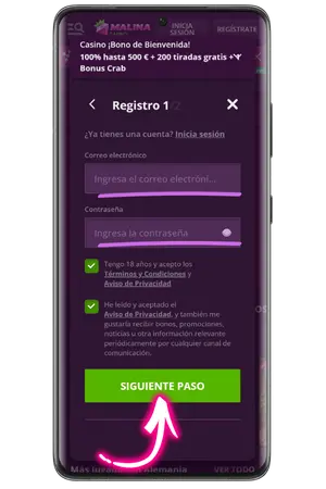 Registro en Malina Casino paso 1: correo y contraseña