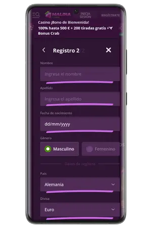 Registro en Malina Casino paso 2: datos personales y divisa